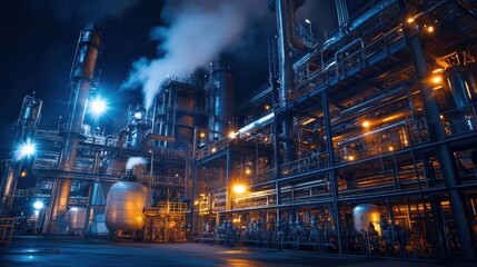 Fototapeta premium Industrial complex illuminated at night, showcasing machinery and smoke emissions.