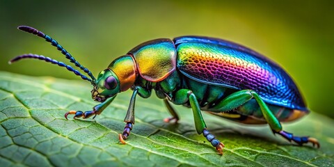Naklejka premium A brilliant Chrysomelidae beetle clings to a verdant leaf, nestled within its natural surroundings, highlighting the