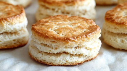 Flaky, golden-brown biscuits stacked on a surface, ready to be served or enjoyed.