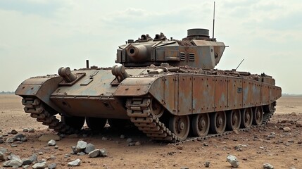 Abandoned rusting tank in desolate desert landscape