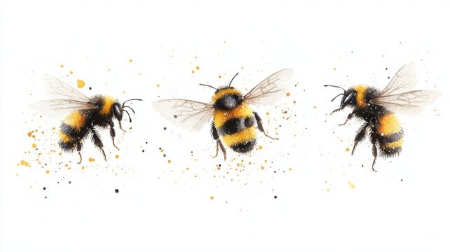 Hand Painted Watercolor Bumblebee Set, depicting vibrant bumblebees in dynamic flight, showcasing intricate details and soft colors against a clean white backdrop.