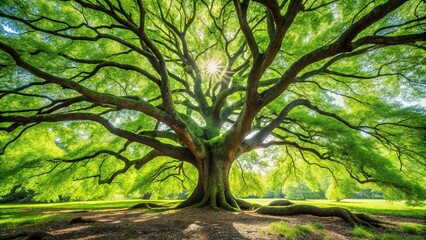 Green branches growing at the base of a large tree with a tilted angle