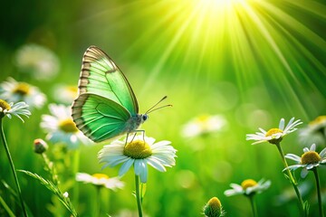 Green butterfly on a green leaf backlit by sun with daisy background low angle