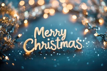 Golden Merry Christmas Lights on a Blue Glittery Surface