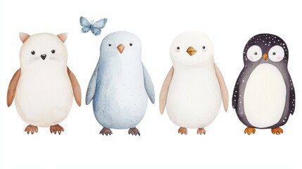 Naklejka premium Watercolor Illustrations of Arctic Animals Featuring Seal, White Owl, Arctic Fox, Polar Bear, Penguin with Isolated Hand-Drawn Closeups on Minimalist Background