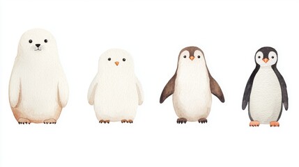Fototapeta premium Arctic Wildlife Watercolor Collection featuring seals, snowy owls, arctic foxes, polar bears, and penguins, hand-drawn illustrations with a minimalist aesthetic and ample negative space.