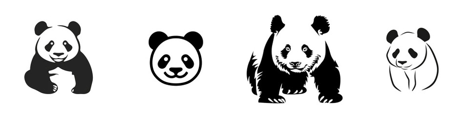 Obraz premium Four cute panda illustrations on a white isolated background.
