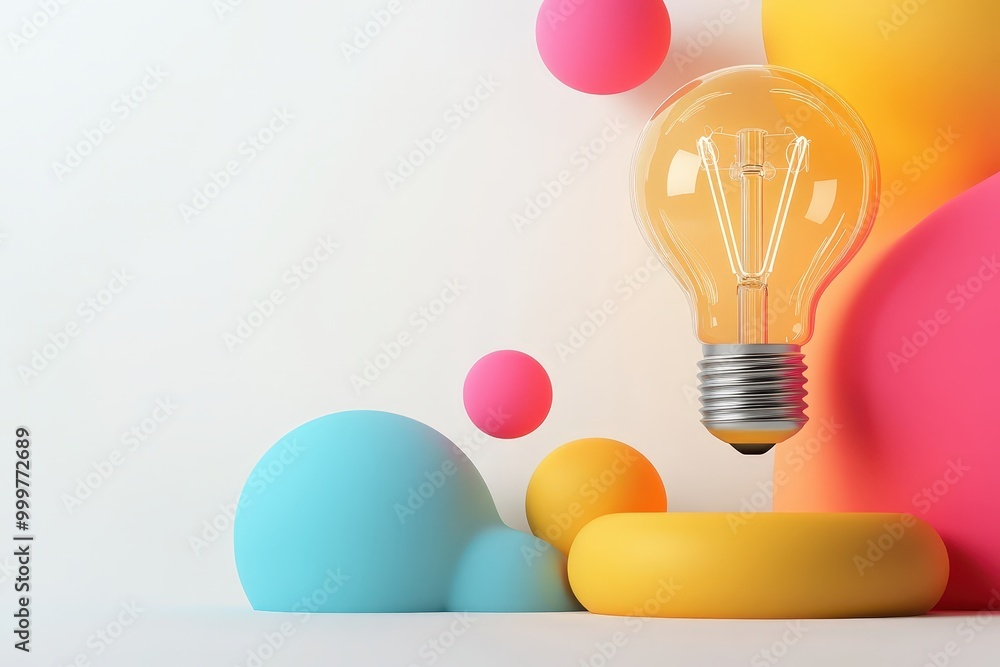 Poster a vibrant display of colorful shapes and a suspended light bulb creating an inviting atmosphere