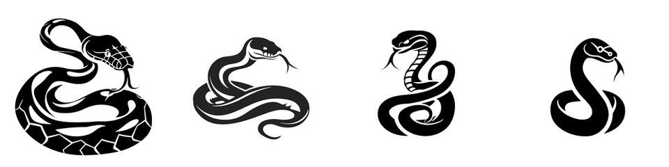 Four stylized snake illustrations on a white isolated background.
