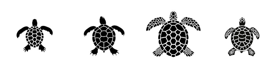 Obraz premium Four turtles in various designs, ideal for die-cut applications, white isolated background.