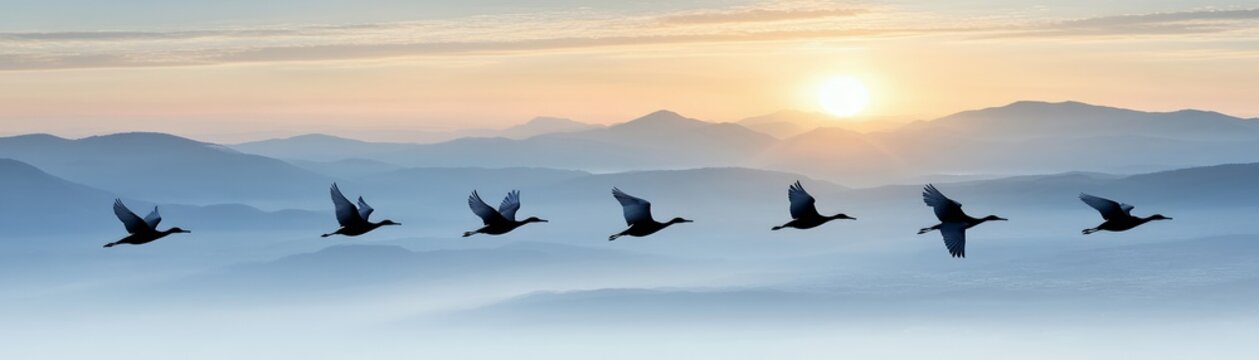 Silhouettes of birds flying in formation over a misty mountain range.