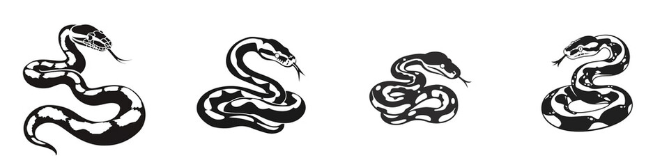 Fototapeta premium Illustration of snakes in various positions on a white isolated background.