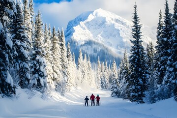 A family skiing through a snowy mountain trail in a remote village, surrounded by tall evergreen trees