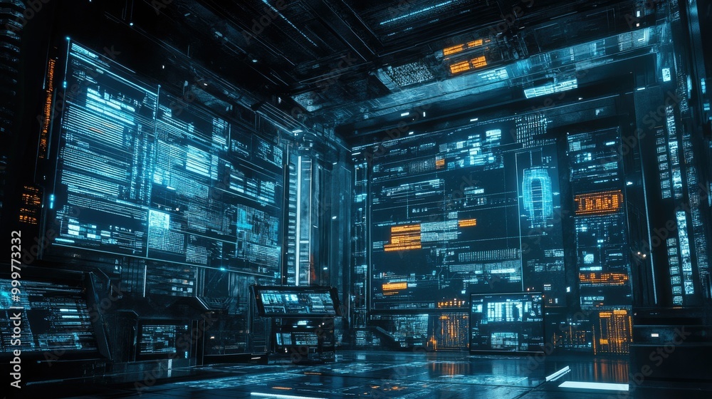 Aufkleber a futuristic digital control room with glowing interfaces and data displays.