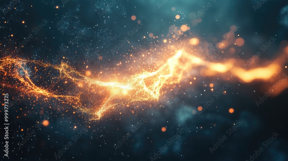 Poster a vibrant abstract representation of energy, featuring glowing lines and particles in a dark backgro