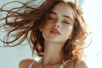 Close-up portrait of young woman with flowing hair in sunlight, natural beauty and soft look	