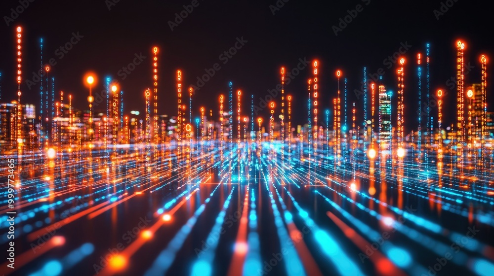 Poster a vibrant digital landscape with glowing lines and dots, representing data and technology.