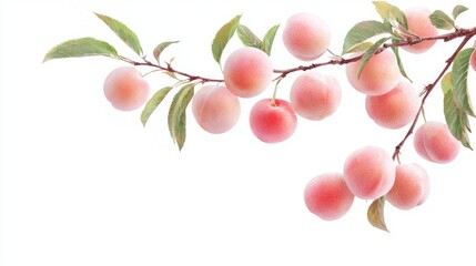 Peach Tree Branch Displaying Lush Fruits and Leaves, vibrant watercolor illustration showcasing the delicate beauty of nature's bounty in a serene composition