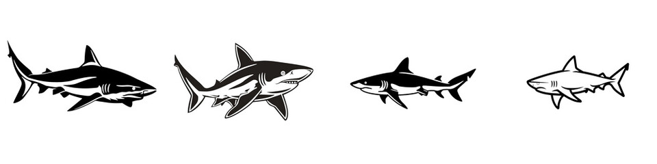 Fototapeta premium Stylized illustration of a shark swimming among smaller fish, isolated on a white background.