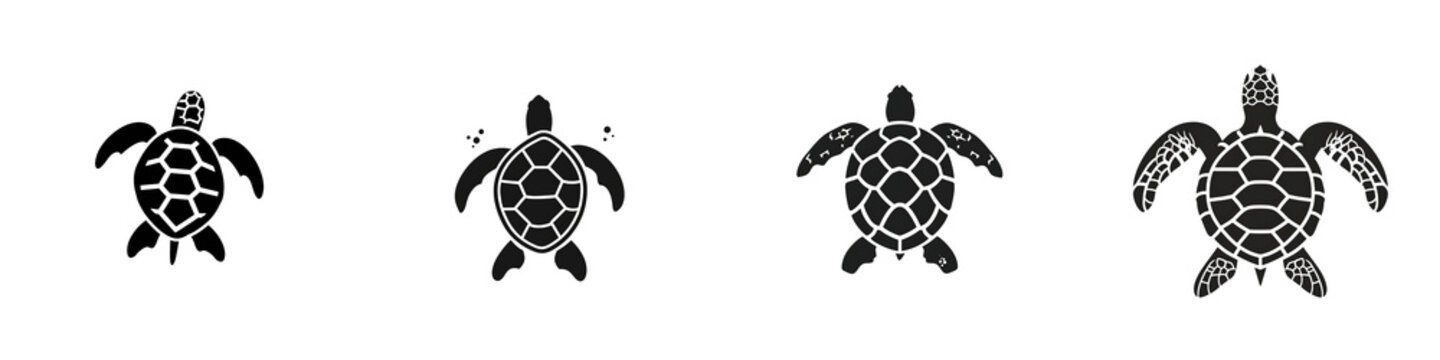 Stylized turtle illustrations in various poses, white isolate background.