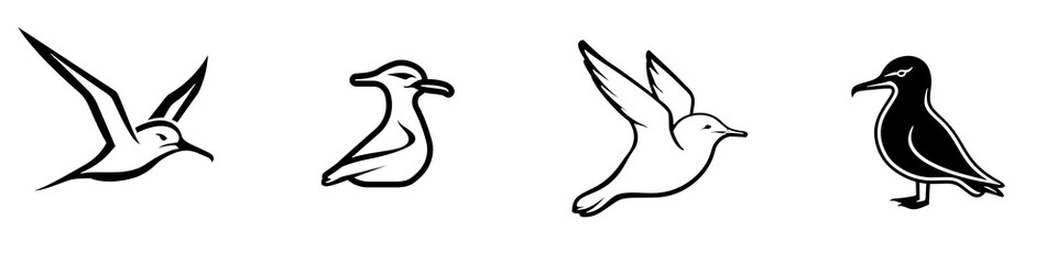 Various bird silhouettes in different poses, black on white isolate background.