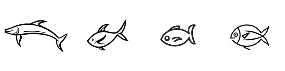 Obraz premium Various fish silhouettes, black outline, white isolated background.