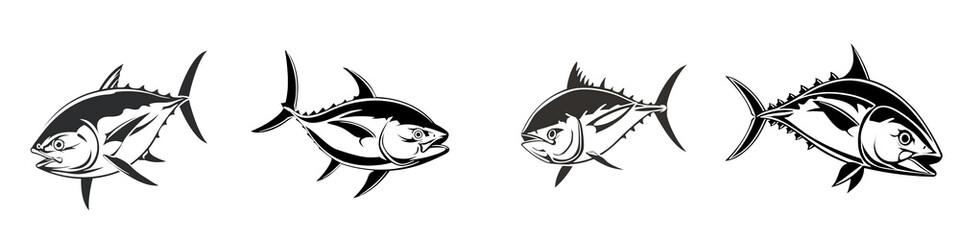 Various fish silhouettes on a white isolated background.