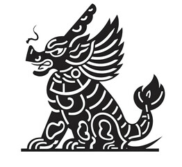 Mythical creature silhouette, intricate design, white isolated background.