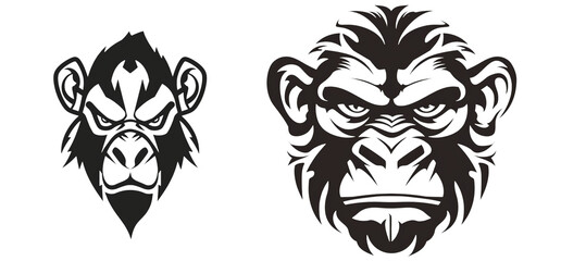 Fototapeta premium Two illustrated gorilla heads on a white isolated background.