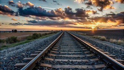 photo of a train track crossing a landscape at sunset. With a golden orange sky and stretching clouds in the background