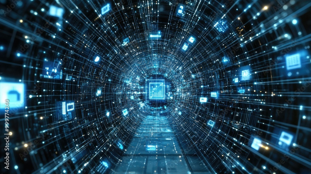 Poster a digital tunnel filled with glowing icons representing technology and data flow.