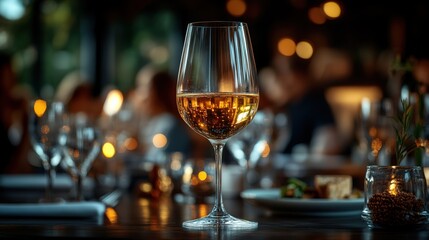 A glass of white wine on the table in an empty modern restaurant 
