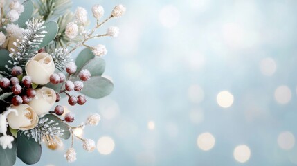 Winter Wonderland Bouquet, a vibrant watercolor arrangement showcasing delicate flowers, lush foliage, and bright berries, set against a softly blurred backdrop, evoking festive cheer.
