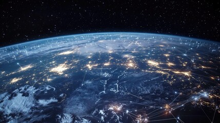 Obraz premium A view of Earth from space, showcasing illuminated cities and interconnected networks.