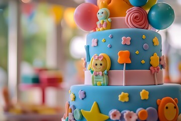 Obraz premium Delicious blue birthday cake decorated with balloons and colorful pastry