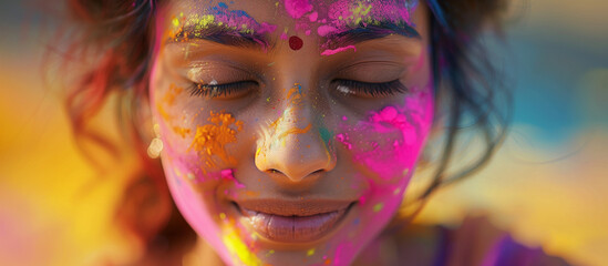 Fototapeta premium Diwali Close-Up of a Young Woman Celebrating Holi Festival with Colorful Powder Paint on Her Face, Radiating Joy and Cultural Vibrancy in India Asia Culture 