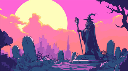 Naklejka premium vector drawing old magician in cemetery .Generative AI