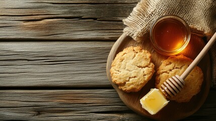 A wooden platter with cookies, honey, and butter, creating a cozy food scene.