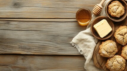 A rustic wooden table featuring freshly baked biscuits, honey, butter, and a honey dipper.