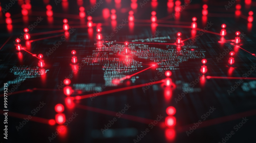 Aufkleber a digital map connected by glowing red nodes, symbolizing a network or data flow.