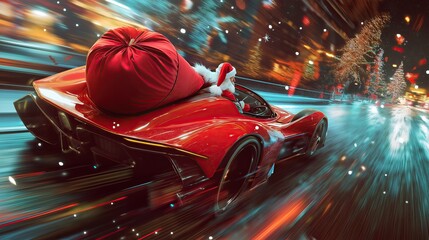 Santa Claus speeds through city lights in a sports car with a bag of gifts. A modern illustration creating a magical and dynamic holiday mood