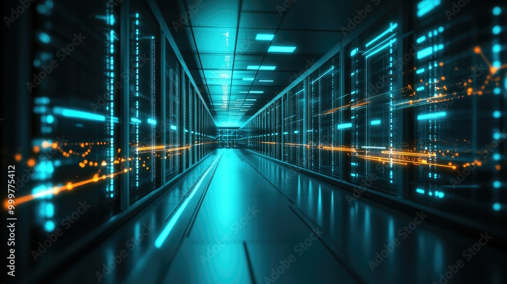 Aufkleber a futuristic server room with glowing data lines and illuminated racks of servers.