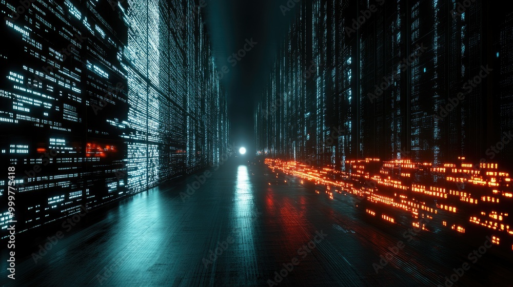 Aufkleber a futuristic digital corridor with glowing data streams and illuminated walls.