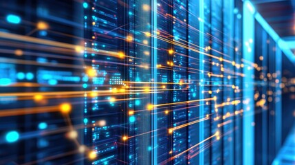 A futuristic data center with illuminated servers and data flow visualization.