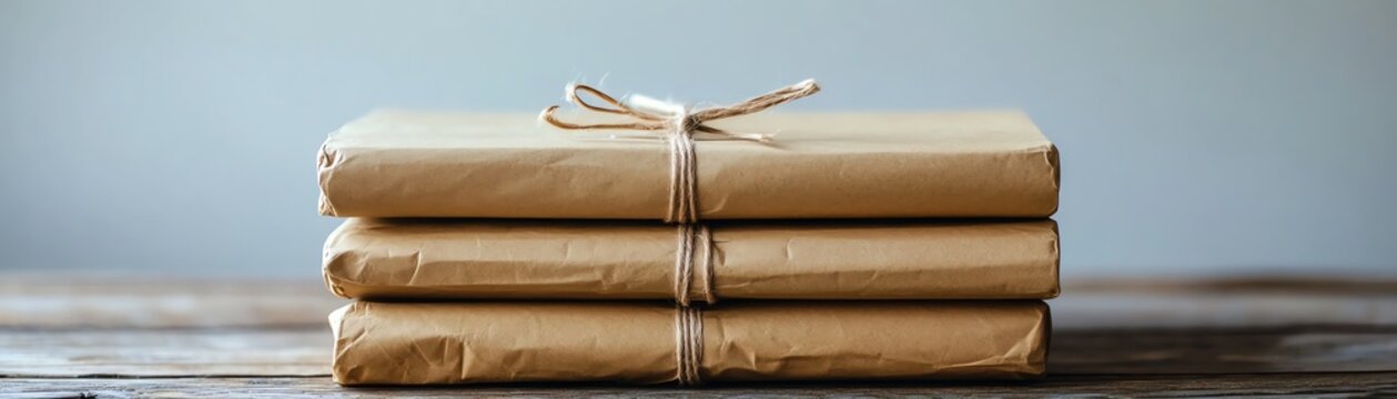 Three neatly wrapped brown paper packages tied with string stacked on a wooden surface against a minimalistic background.