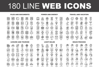 Vector set of 180 flat line web icons on following themes - files and documents, power and energy, travel and vacation, leisure and tourism, light bulbs, brain process