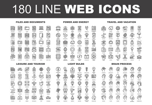 Vector set of 180 flat line web icons on following themes - files and documents, power and energy, travel and vacation, leisure and tourism, light bulbs, brain process