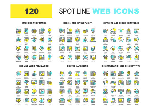 Vector set of 120 spot line web icons on following themes - business and finance, design and development, network and cloud computing, SEO and web optimization, digital marketing, communication