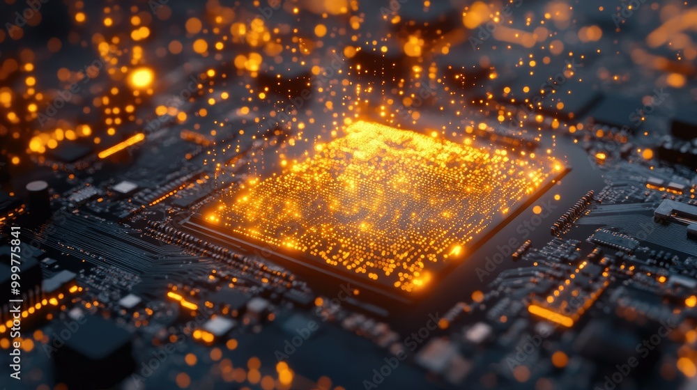 Aufkleber a close-up of a computer chip with glowing particles, illustrating technology and innovation.