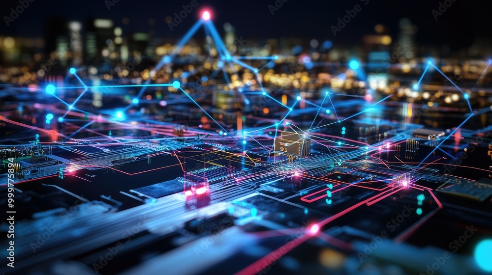 Aufkleber a digital representation of a networked cityscape with illuminated connections and circuits.